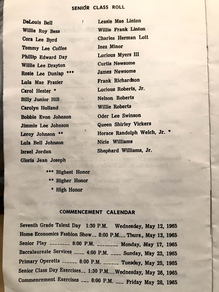 a paper listing the class roll and calendar for the ceremony