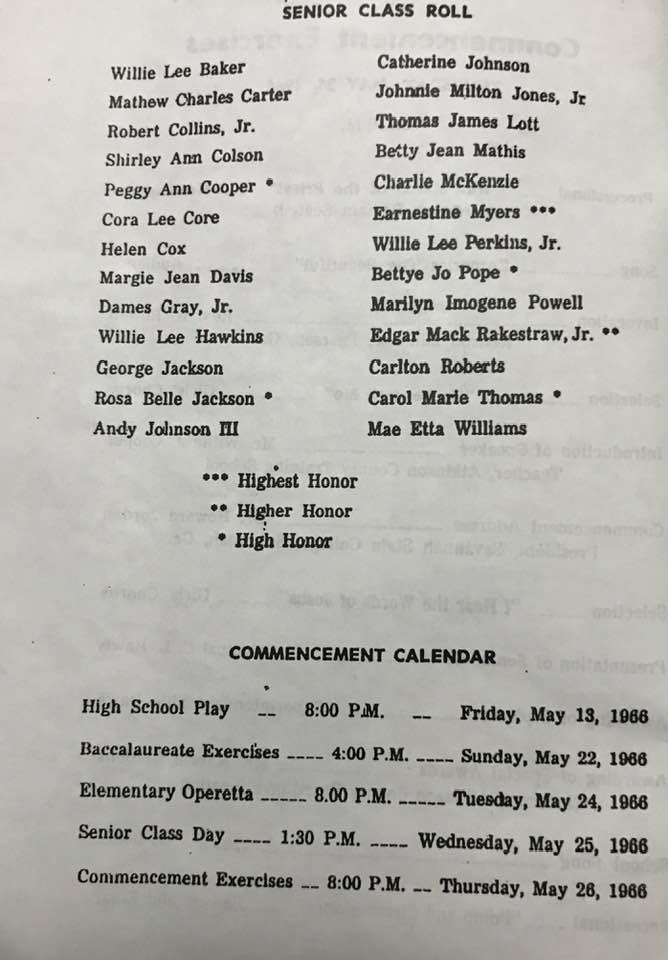 a paper listing the senior class roll and calendar for the ceremony