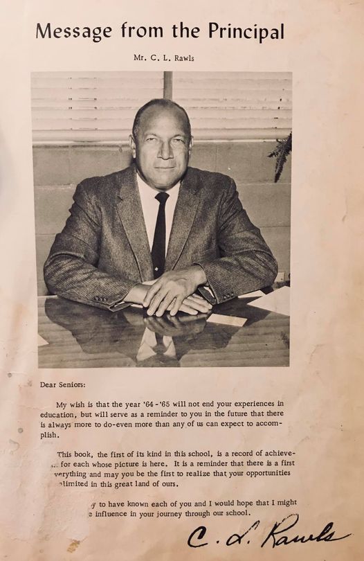 a paper with a photo of Principal Rawls and a message from him to the class of 1965