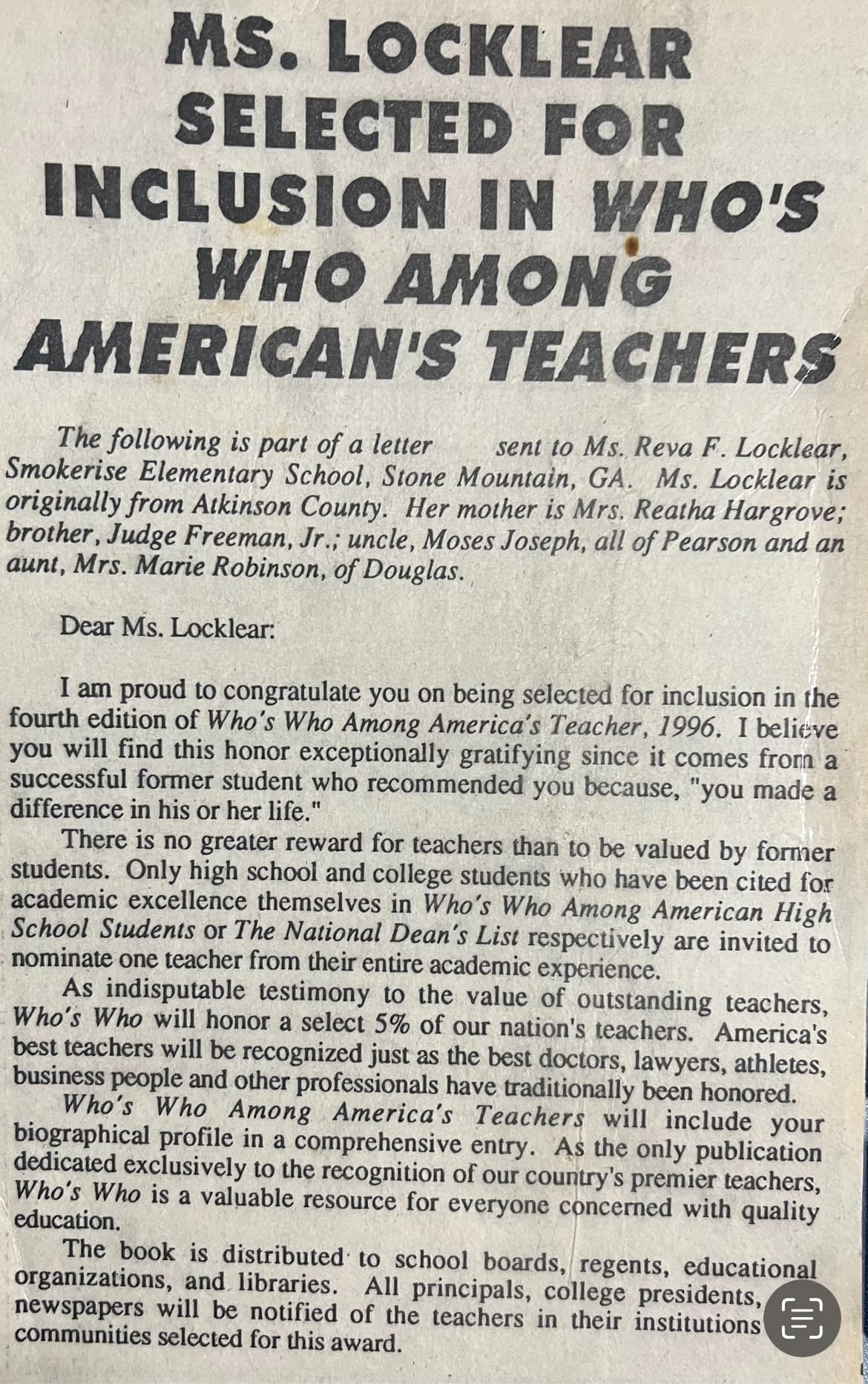 a letter sent to Ms. Locklear regarding her being selected for inclusion in 'Who's Who Among American's Teacher'